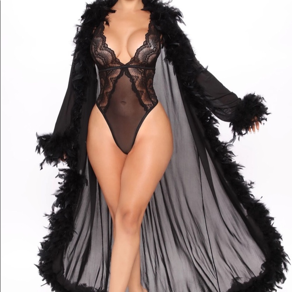 Black feathered sheer long robe